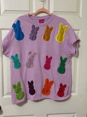 QUEEN OF SPARKLES Lavender Short Sleeve sweatshirt with Sequin Bunnies xl